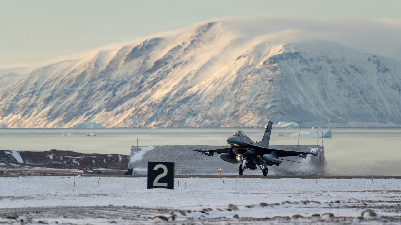 A North American Aerospace Defense Command F-16 Fighting Falcon fighter aircraft from the South Carolina ANG’s 169th FW lands at Pituffik Space Force Base, Greenland, Oct. 7, 2025. Operating in the Arctic provides the flexibility and adaptability needed to overcome logistical hurdles in a dynamic and unforgiving environment. Greenland as part of the Kingdom of Denmark has long played an important role in the defense of North America, which strengthens NORAD's ability to protect the continent from today’s threats and emerging challenges from all approaches. (U.S. Air Force photo by Staff Sgt. Maxim Dewolf)