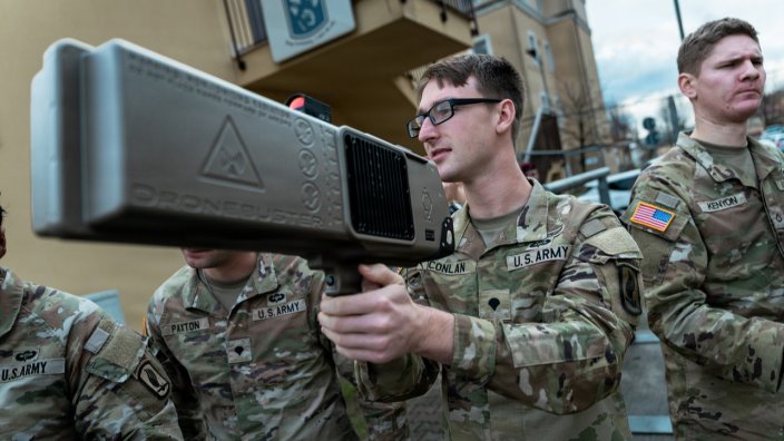 A U.S. Army paratrooper assigned to the 173rd Airborne Brigade learns to operate the Dronebuster Block 4 at Caserma Ederle, Italy, Dec. 2, 2025. The Dronebuster Block 4 is a hand-held counter-unmanned aerial system designed to detect, disrupt and defeat commercial off-the-shelf drone threats, strengthening the brigade’s ability to counter emerging aerial risks. The 173rd Airborne Brigade is the U.S. Army’s Contingency Response Force in Europe, providing rapidly deployable forces to U.S. European, African and Central Command areas of responsibility. Forward-stationed across Italy and Germany, the brigade routinely trains with NATO allies and partners to enhance interoperability and readiness. (U.S. Army photo by Capt. Jennifer French)