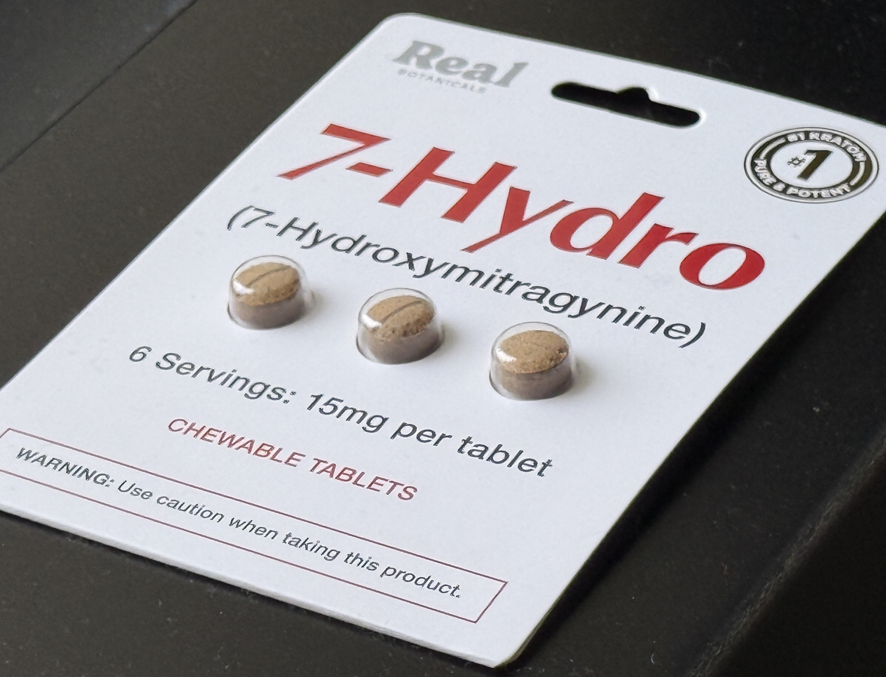 HOUSTON, TEXAS - A package of 7-Hydro pills sold in convenience stores across Texas. Public health officials and the Global Kratom Coalition warn that products such as this include a synthesized and concentrated dose of 7-Hydroxymitragynine, a dangerous drug that acts on the opioid receptors of the brain like heroin and is addictive. Texas law bans these drugs, the coalition says, but Texas officials are not enforcing the law. (Jill Karnicki/Houston Chronicle via Getty Images)