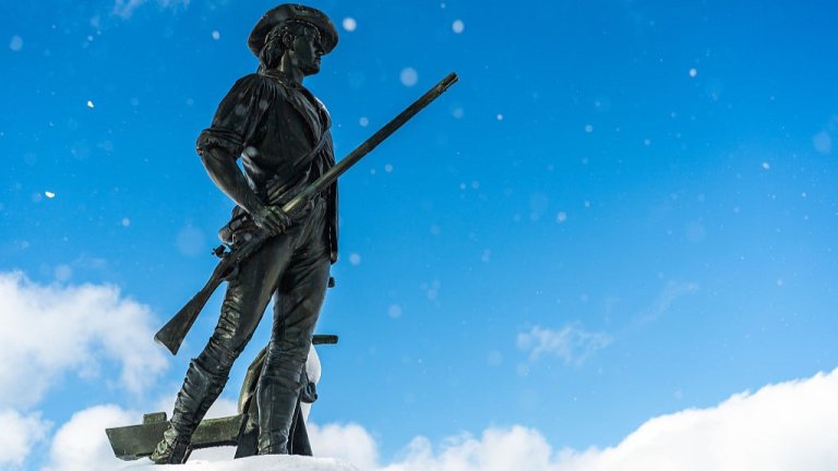 Concord, MA - January 19: Snow falls around the Minute Man Statue along the Concord River on January 19, 2026. (Photo by Finn Gomez/The Boston Globe via Getty Images)
