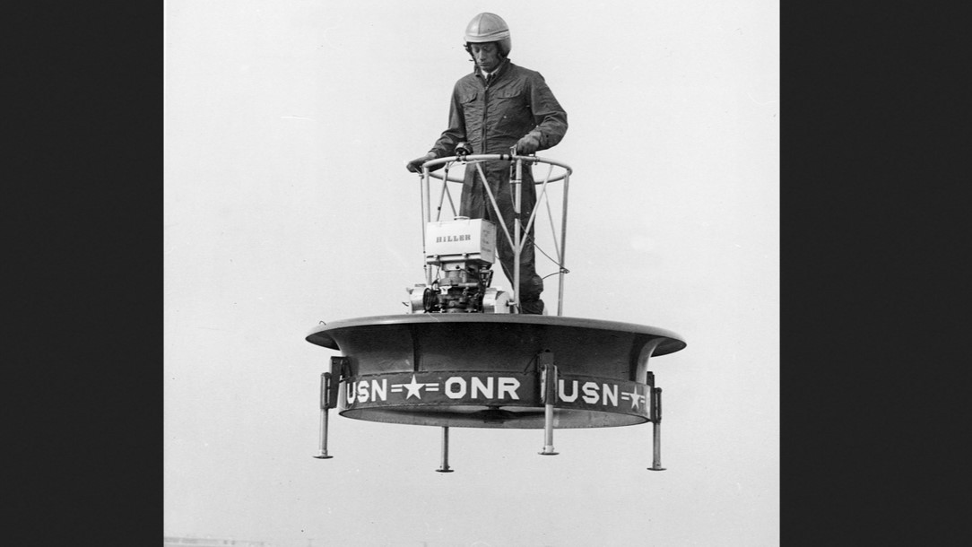 Technician from Office of Naval Research (ONR) participates in freeflight after extensive testing for the Hiller Flying Platform. The platform was first flown in public in 1955. (Photo by US Navy/Getty Images)