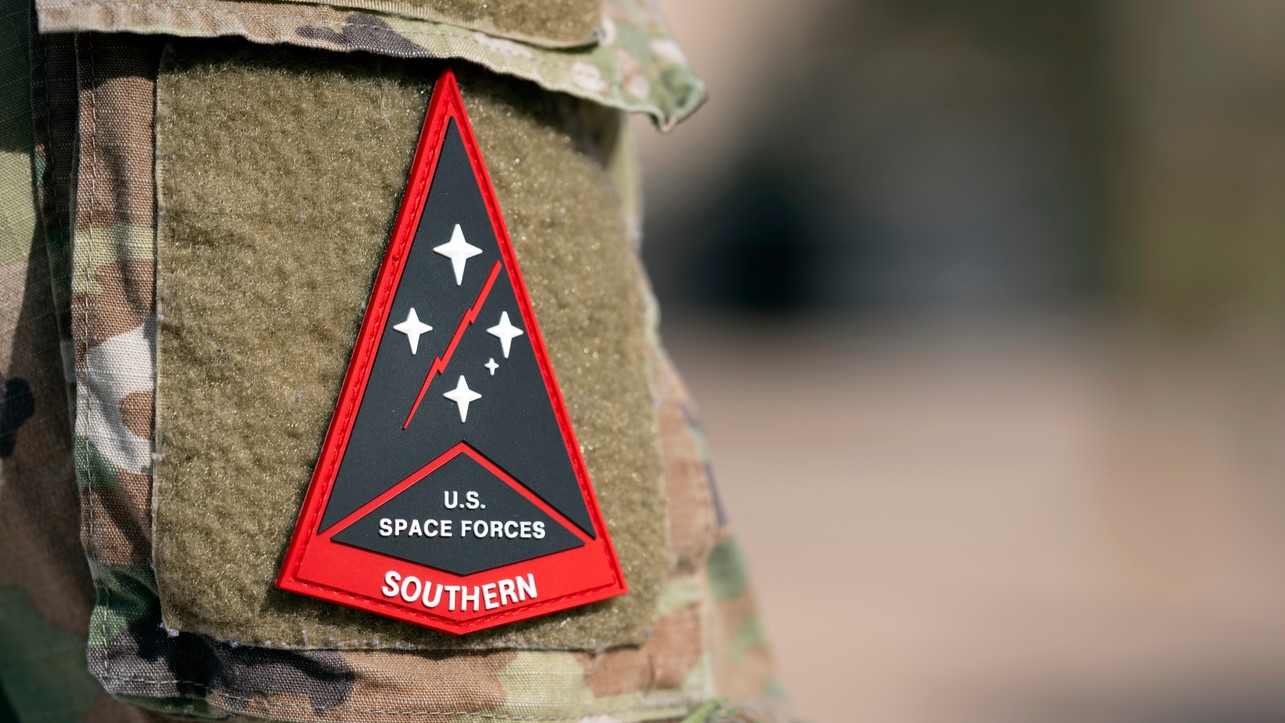 A U.S. Space Forces Southern patch is worn during an activation ceremony for Space Forces Southern at Davis-Monthan Air Force Base, Ariz., Jan. 21, 2026. SPACEFOR–SOUTH became operational effective Dec. 1, 2025, the ceremony formally recognized the activation with the assumption of command by Col. Brandon Alford, and the digital unveiling of the Space Forces Southern emblem, symbolizing the command’s mission and regional focus. (U.S. Air Force photo by Tech. Sgt. Rachel Maxwell)