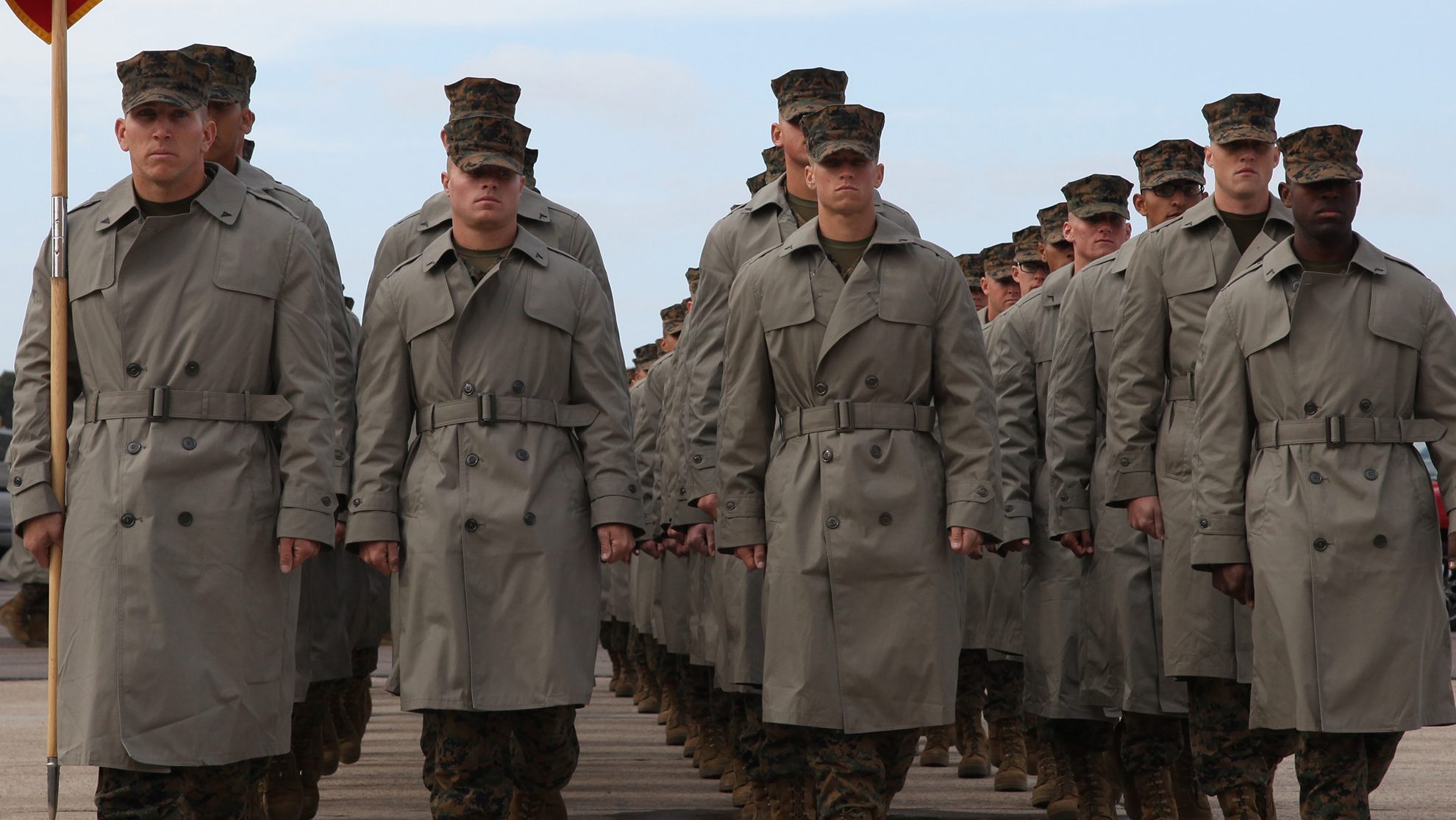 Lance Cpl Mariano Barbosa, honor graduate, Hotel Company, leads his platoon out to the forming area aboard Marine Corps Recruit Depot San Diego, Ja.n 10. This will be the first time that the new Marines will have seen their familes since beginning Marine Corps basic training.