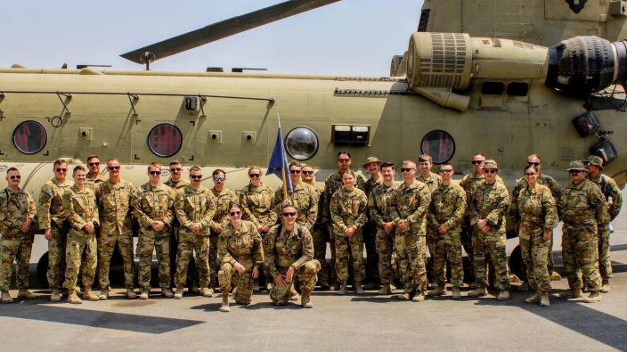 Members of B Company, 3rd Battalion, 126th General Support Aviation Battalion of the New York guard during a deployment to Erbil, Iraq. Two crews were awarded French valor awards for a mission to rescue a team of French commandos.