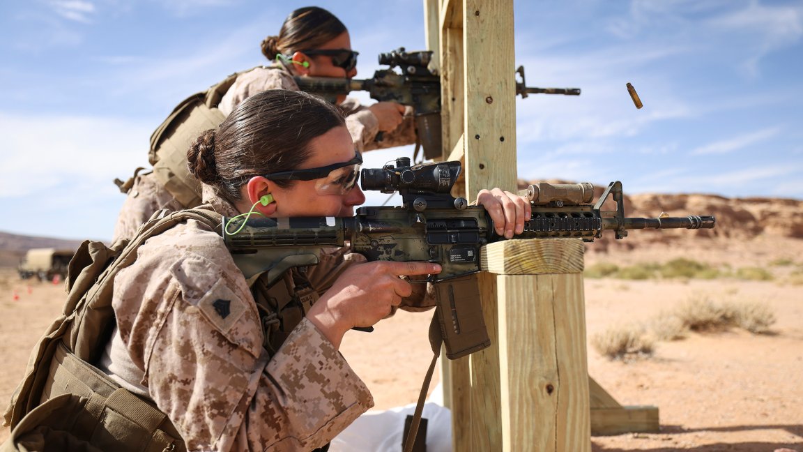U.S. Marine Corps Sgt. Angela Scolari, front, a combat marksmanship coach assigned to 6th Air Naval Gunfire Liaison Company, Force Headquarters Group, U.S. Marine Corps Forces Reserve, fires a rifle during an all-female marksmanship subject matter expert exchange between U.S. Marines and Jordanian Soldiers during Intrepid Maven 25.1 in Al-Quwayrah, Jordan, Oct. 29, 2024. The second iteration of this exchange between U.S. and Jordanian female engagement teams was nested in Intrepid Maven 25.1 and represents a step forward in strengthening military cooperation and promoting Women, Peace, and Security initiatives. (U.S. Marine Corps photo by Sgt. Angela Wilcox)