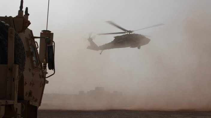 An Army Black Hawk helicopter lands at the al-Tanf base in Syria in April 2025. Army photo by Staff Sgt. Fred Brown. 