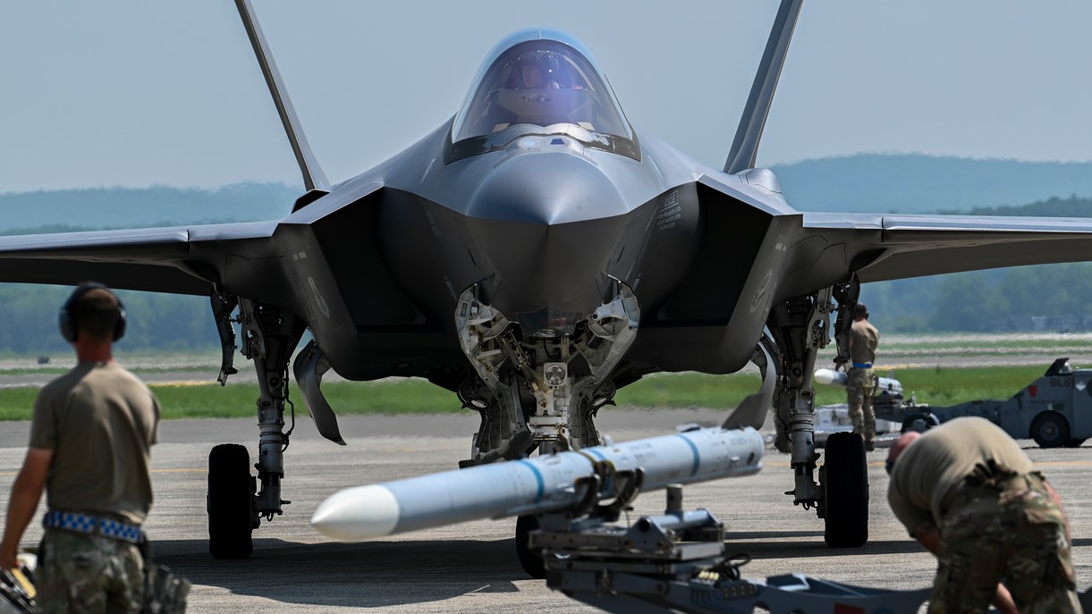 Airmen from the 158th Fighter Wing refuel and rearm an F-35 Lightning II during a Distributed Integrated Combat Turn (D-ICT) exercise, June 12, 2025, at Westover Air Reserve Base, Chicopee, Mass. The D-ICT allows for rapid refueling and rearming of fighter aircraft to increase sortie generation and mission readiness. (U.S. Air National Guard Photo by Jay Hewitt)