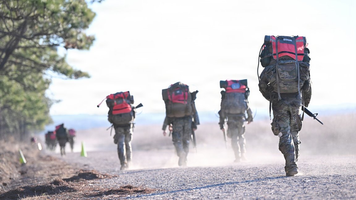 Candidates assigned to the U.S. Army John F. Kennedy Special Warfare Center and School take part in a an early morning ruck march as part of Special Forces Assessment and Selection (SFAS) at Camp Mackall, North Carolina January 13, 2026. Candidates who attended the three-week assessment and selection were evaluated on their physical fitness, character and intellect as well as their ability to work individually and on a team. (U.S. Army photo by K. Kassens)