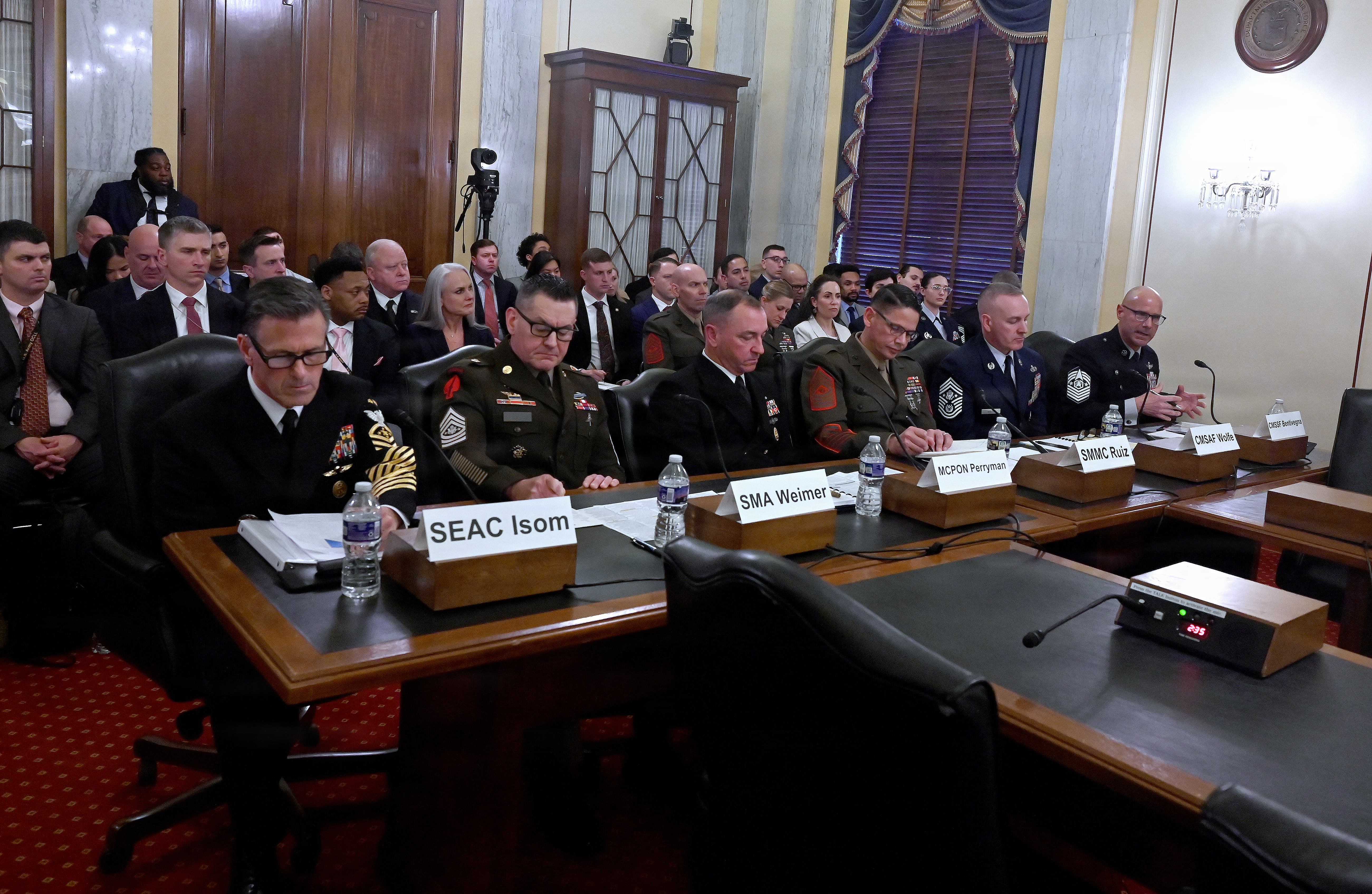 Chief Master Sgt. of the Air Force David R. Wolfe and Chief Master Sgt. of the Space Force John F. Bentivegna testify during a Senate Armed Services Committee Personnel hearing at Capitol Hill, Washington, D.C., Feb. 11, 2026. (U.S. Air Force photo by Chad Trujillo)