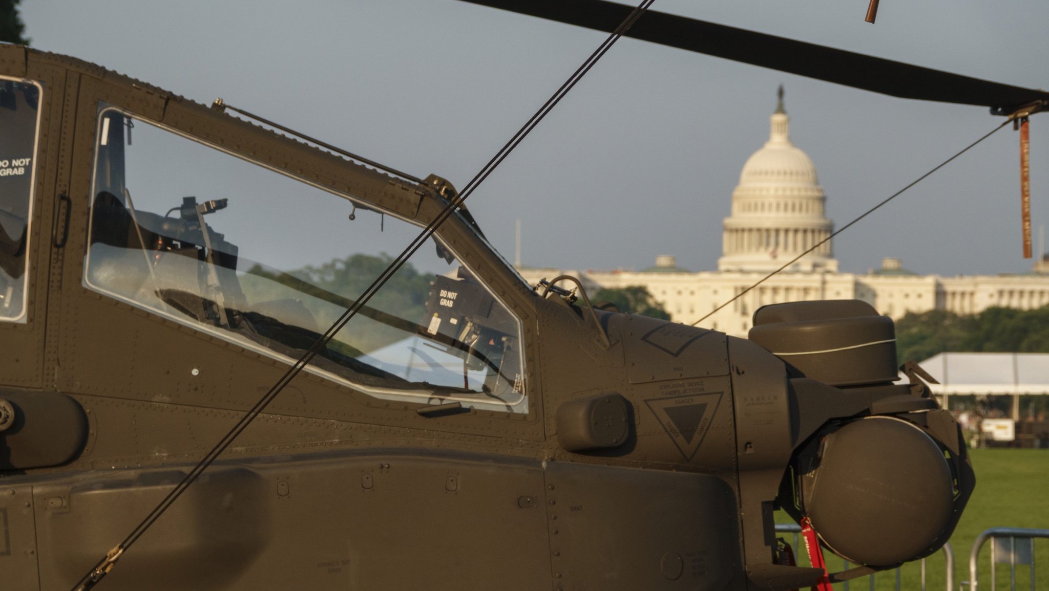 WASHINGTON, DC - JUNE 11: A U.S. Army AH-64 Apache attack helicopter is displayed on the National Mall in preparations for celebrating the 250th anniversary of the founding of the U.S. Army on June 11, 2025 in Washington, DC. (Photo by Kevin Carter/Getty Images)