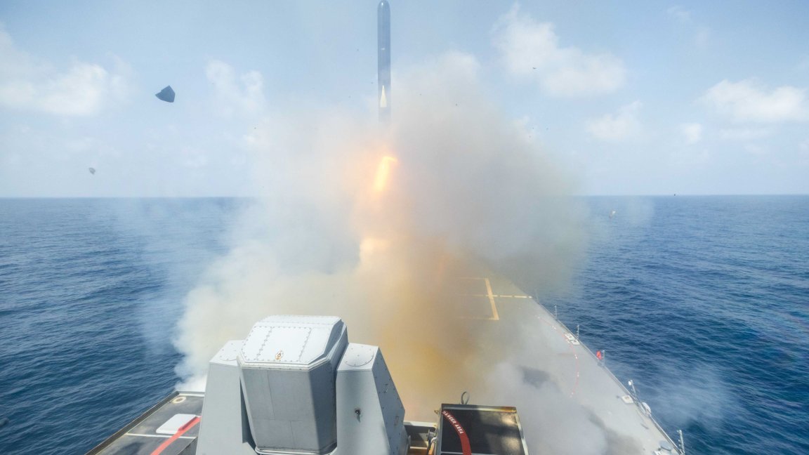 Missiles launch from a U.S. Navy warship as part of Operation Epic fury, the attack on Iran.