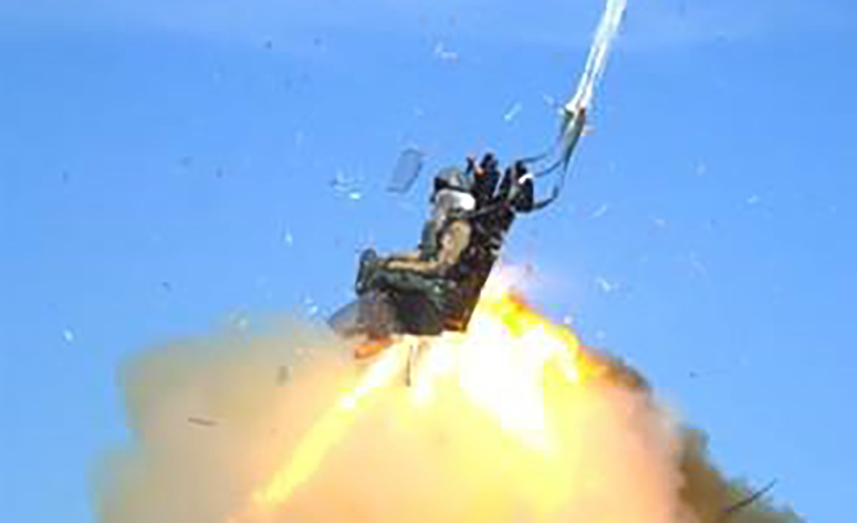 A manikin ejects from a Boeing T-7A Red Hawk in June 2021 during qualification tests of the ejection system at Holloman Air Force Base, New Mexico.