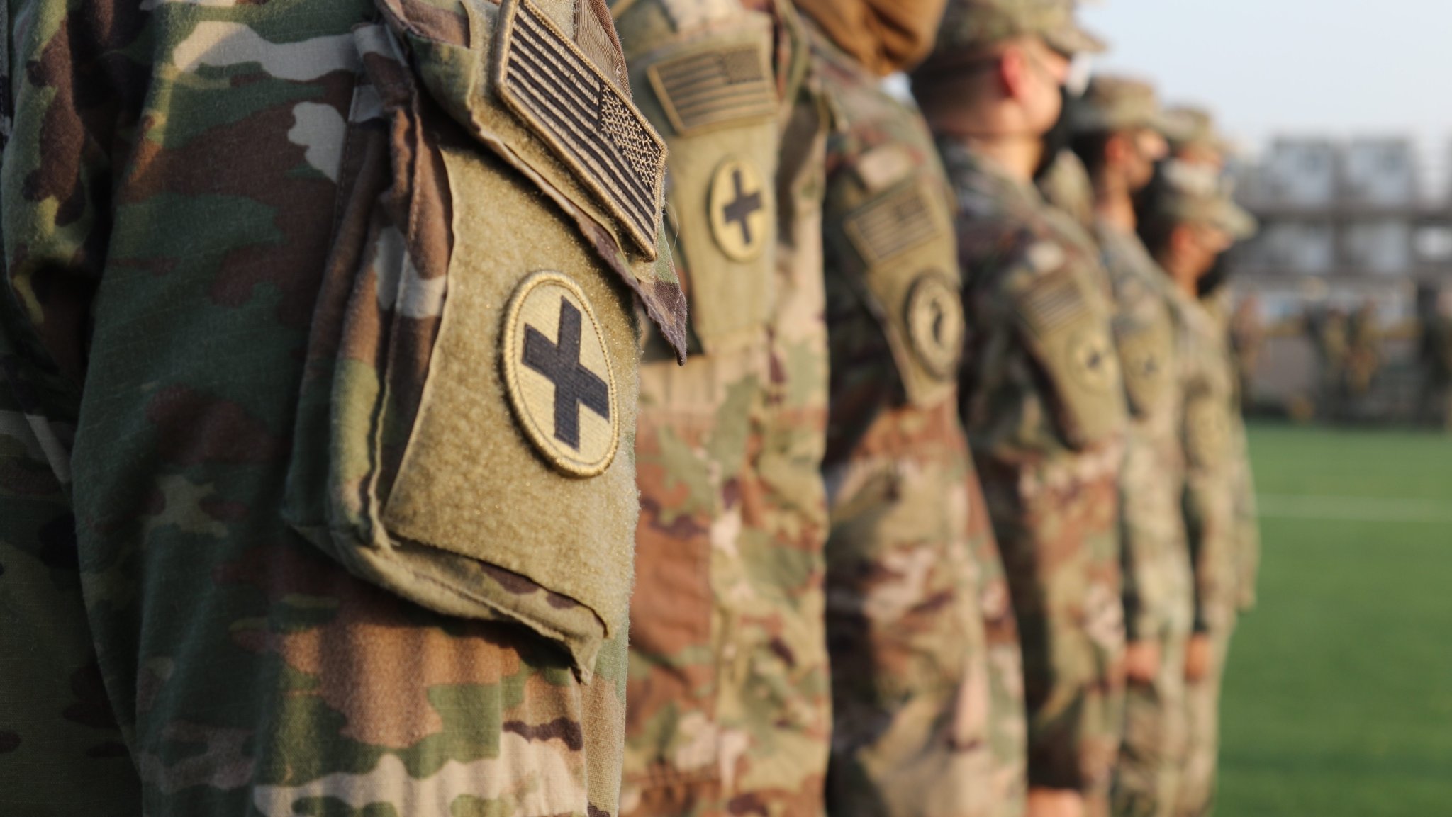 U.S. Army Soldiers with 2nd Squadron, 106th Cavalry Regiment and Task Force Bayonet, currently deployed throughout the Horn of Africa, received a combat patch during a battlefield circulation, June 20 – Sept. 11, 2020. Patching is a custom reserved for those serving in a combat zone and Soldiers from the eight elements that comprise the task force were awarded their patches over the span of three weeks. (U.S. Army photo by Sgt. Sirrina Martinez)