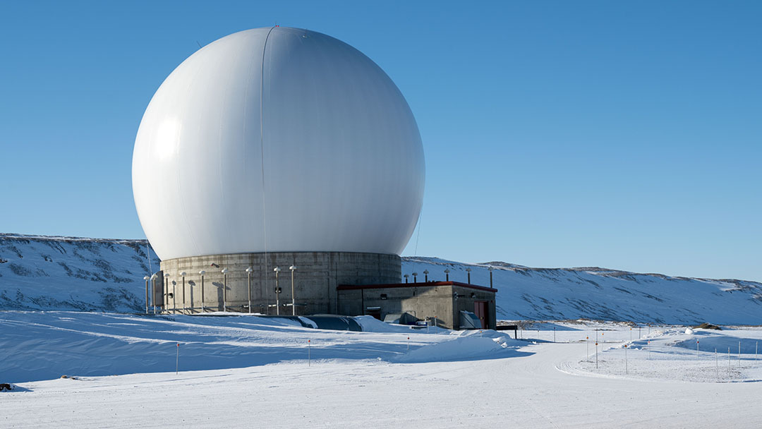 A radar dome belonging to the 23rd Space Operations Squadron Detachment 1 at Pituffik Space Base, Greenland, April 4, 2023. Det. 1 falls under Space Delta 6 - Space Access and Cyberspace Operations. The detachment’s extreme northern location allows contact with polar orbiting satellites 10-12 times per day. (U.S. Space Force photo by Senior Airman Kaitlin Castillo)