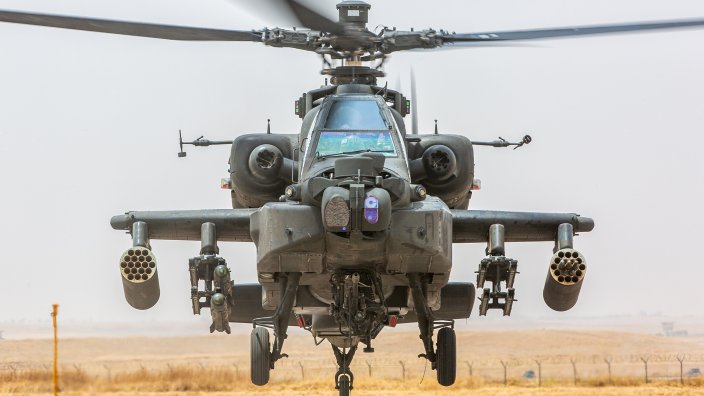 An AH-64D Apache Longbow attack helicopter assigned to 1st Attack Battalion, 10th Combat Aviation Brigade, deployed in support of Combined Joint Task Force - Operation Inherent Resolve (CJTF-OIR), takes off for a routine mission, July 15, 2024 at Erbil Air Base, Iraq. Army aviation assets are used to support CJTF-OIR’s mission to advise, assist, and enable partner forces to ensure the enduring defeat of ISIS. (U.S. Army Photo by Joseph Kumzak)