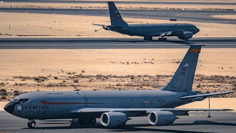 U.S. Air Force KC-135 Stratotankers assigned to the 91st Expeditionary Air Refueling Squadron taxi within the U.S. Central Command area of responsibility, Feb. 1, 2025. The KC-135's aerial refueling capability allows aircraft to fly longer distances without having to land, making it an essential asset for supporting long-range operations in the CENTCOM AOR. (U.S. Air Force photo by Airman 1st Class Zeeshan Naeem)