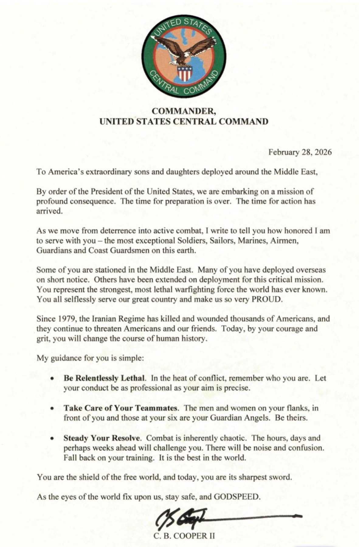 A screenshot of the message from the head of U.S. Central Command.