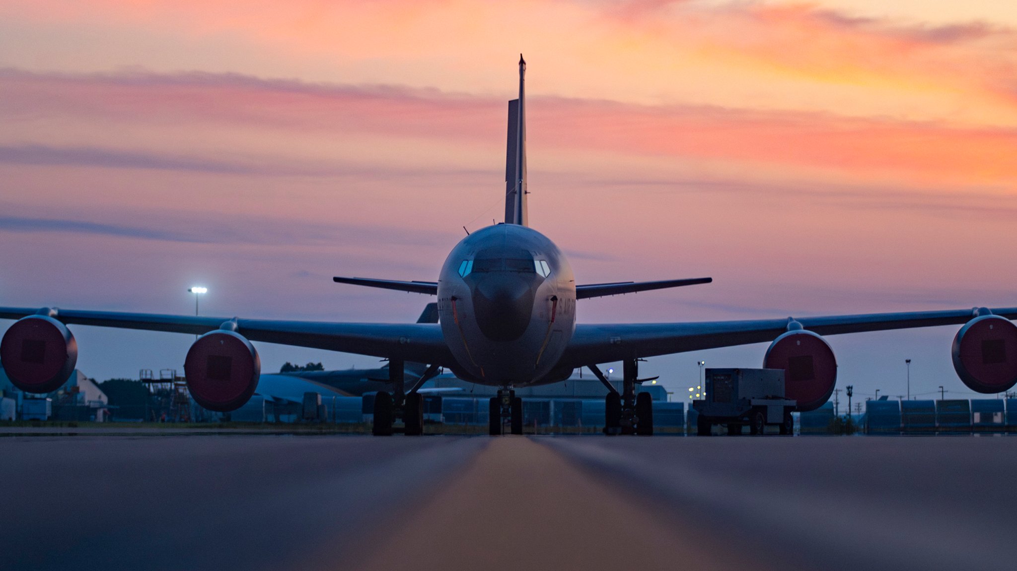 A KC-135 Stratotanker with the 121st Air Refueling Wing sits on the flight line during the sunrise at Rickenbacker Air National Guard Base, Columbus, Ohio, August 10, 2025. The KC-135 Stratotanker is an essential aircraft for the Air Mobility Command because it provides core aerial refueling for the United States Air Force to ensure rapid global reach. (U.S. Air National Guard photo by Staff Sgt. Ivy Thomas)