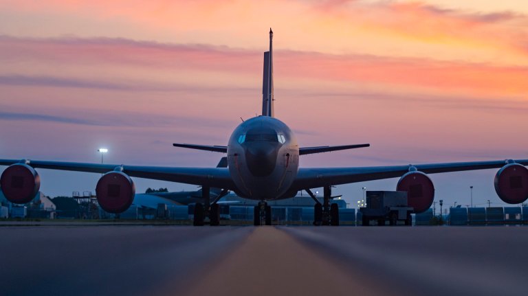 A KC-135 Stratotanker with the 121st Air Refueling Wing sits on the flight line during the sunrise at Rickenbacker Air National Guard Base, Columbus, Ohio, August 10, 2025. The KC-135 Stratotanker is an essential aircraft for the Air Mobility Command because it provides core aerial refueling for the United States Air Force to ensure rapid global reach. (U.S. Air National Guard photo by Staff Sgt. Ivy Thomas)