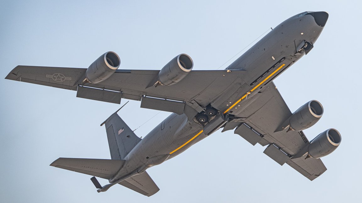 A U.S. Air Force KC-135 Stratotanker aircraft takes off within the U.S. Central Command area of responsibility, Oct. 15, 2025. The KC-135 is the primary aerial refueling asset that directly enhances global reach capabilities for U.S., allied, and coalition aircraft. Its in-air refueling mission allows continuous presence and power projection from anywhere in the region. (U.S. Air Force photo by Tech. Sgt. Justin Norton) 