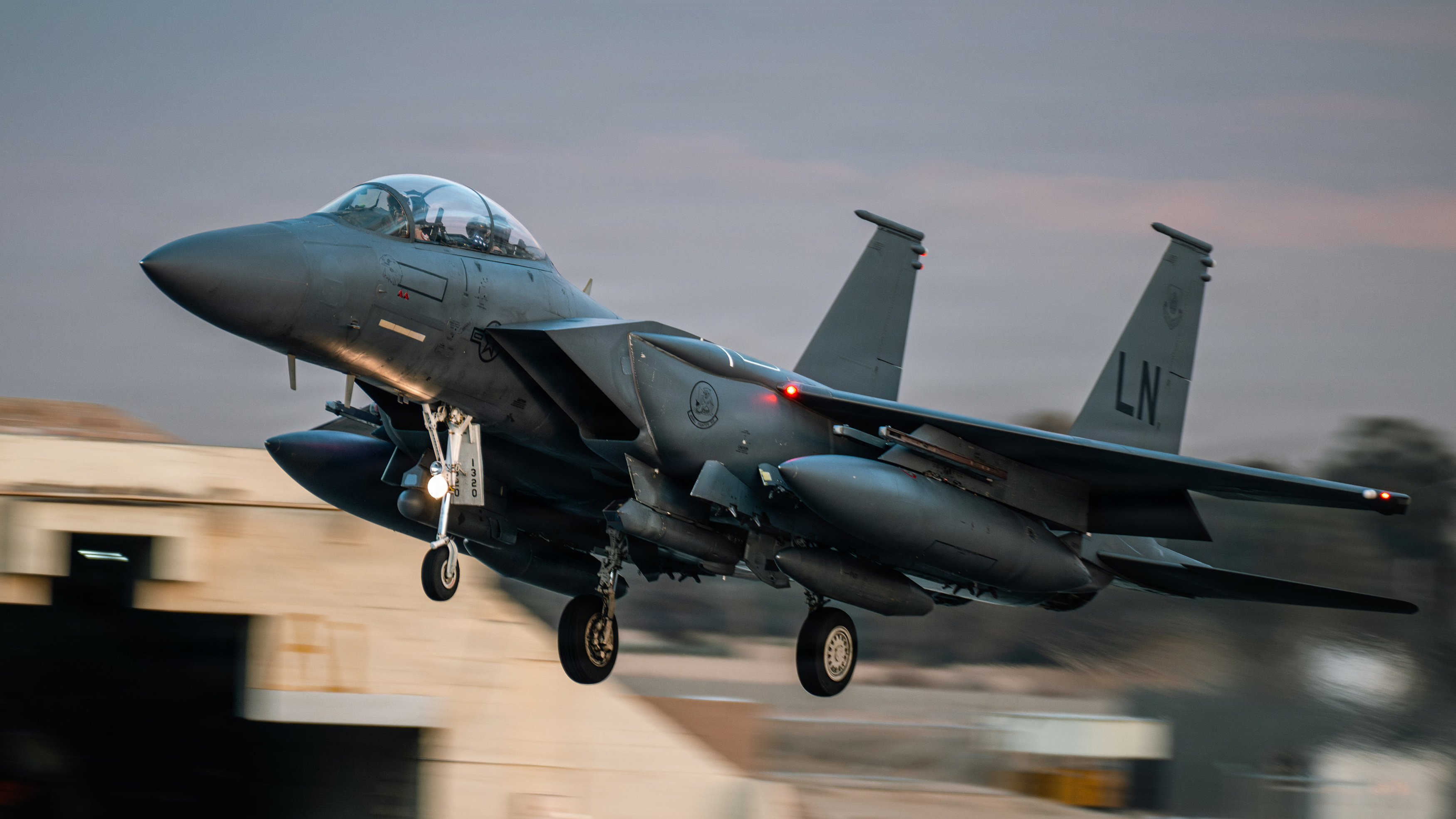 A U.S. Air Force F-15E Strike Eagle aircraft prepares to land at a base in the Middle East, Jan. 18, 2026. The U.S. maintains a highly agile fighting force, leveraging the most advanced capabilities to support the long-term security and stability of the region. (U.S. Air Force photo by Senior Airman Jonah Bliss)