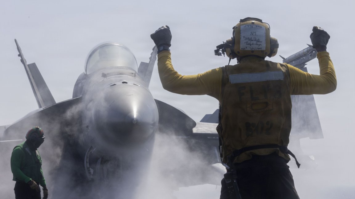 An F/A-18F Super Hornet, attached to Strike Fighter Squadron (VFA) 41, prepares to launch from the flight deck of Nimitz-class aircraft carrier USS Abraham Lincoln (CVN 72) in support of Operation Epic Fury, Feb. 28, 2026. (U.S. Navy photo)