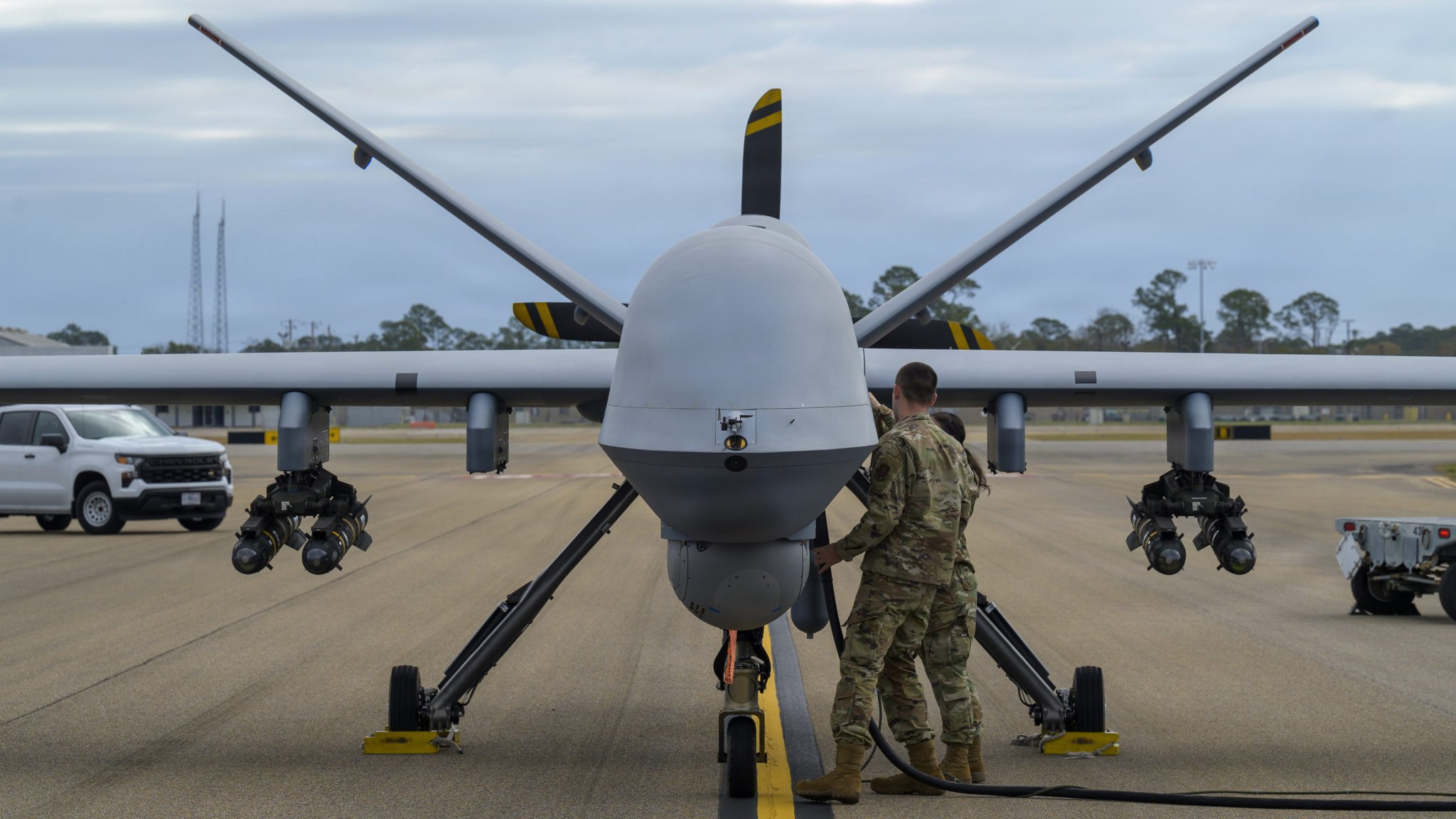 U.S. Air Force Airman assigned to the 174th Attack Wing, New York Air National Guard, conduct pre-flight operations on an MQ-9 Reaper aircraft during exercise Sentry South 26-2 in Gulfport, Mississippi, March 3, 2026. Sentry South 26-2 is a large force employment exercise focused on major combat operations and joint maritime opportunities in a contested or degraded operational environment. Sentry South 26-2 applies joint and combined warfighting doctrine against realistic and robust enemy integrated threat systems, all while under safe and controlled conditions. (U.S. Air National Guard photo by Staff Sgt. Dylan McCrink)