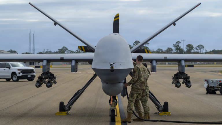 U.S. Air Force Airman assigned to the 174th Attack Wing, New York Air National Guard, conduct pre-flight operations on an MQ-9 Reaper aircraft during exercise Sentry South 26-2 in Gulfport, Mississippi, March 3, 2026. Sentry South 26-2 is a large force employment exercise focused on major combat operations and joint maritime opportunities in a contested or degraded operational environment. Sentry South 26-2 applies joint and combined warfighting doctrine against realistic and robust enemy integrated threat systems, all while under safe and controlled conditions. (U.S. Air National Guard photo by Staff Sgt. Dylan McCrink)