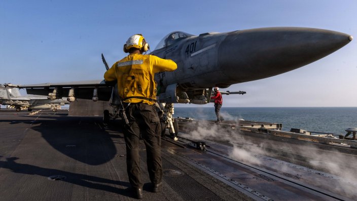 An F/A-18E Super Hornet, attached to Strike Fighter Squadron (VFA) 151, prepares to launch from the flight deck of Nimitz-class aircraft carrier USS Abraham Lincoln (CVN 72) in support of Operation Epic Fury, March 6, 2026. Abraham Lincoln is deployed to the U.S. 5th Fleet area of operations to support maritime security and stability in the Middle East. (U.S. Navy photo)