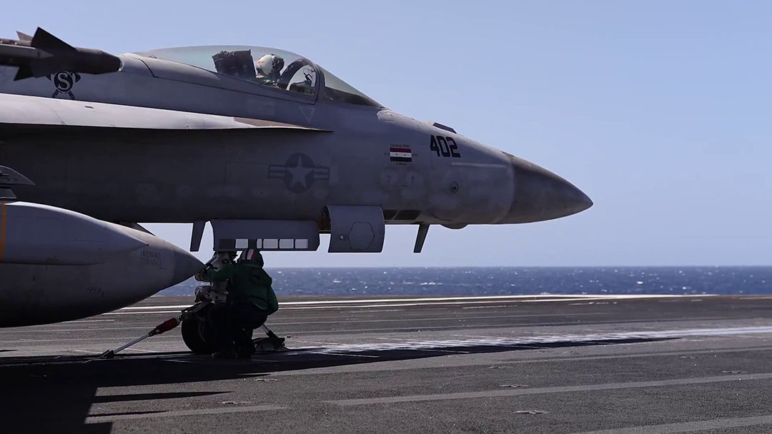 That F/A18E taking off from the USS Gerald R. Ford during Operation Epic Fury. Screenshot via CENTCOM on X.&nbsp;