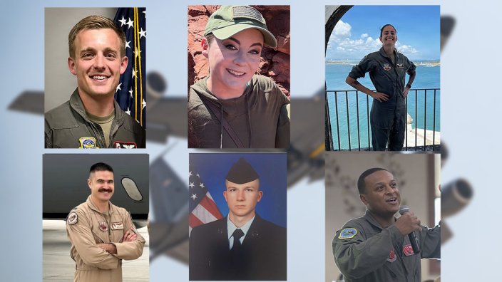 Top row: Maj. John A. Klinner, Tech. Sgt. Ashley B. Pruitt, Capt. Ariana G. Savino. Bottom row: Capt. Seth Koval, Capt. Curtis J. Angst, and Tech Sgt. Tyler H. Simmons. Air Force/courtesy photos.