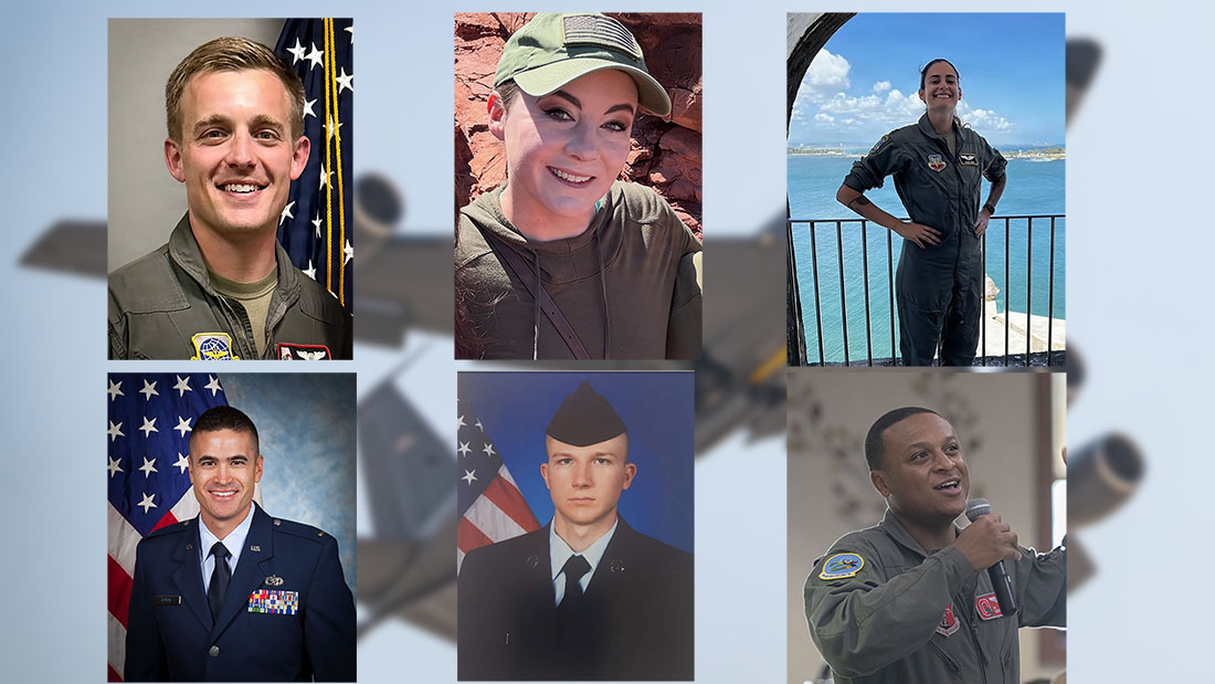Top row: Maj. John A. Klinner, Tech. Sgt. Ashley B. Pruitt, Capt. Ariana G. Savino. Bottom row: Capt. Seth Koval, Capt. Curtis J. Angst, and Tech Sgt. Tyler H. Simmons. Air Force/courtesy photos.