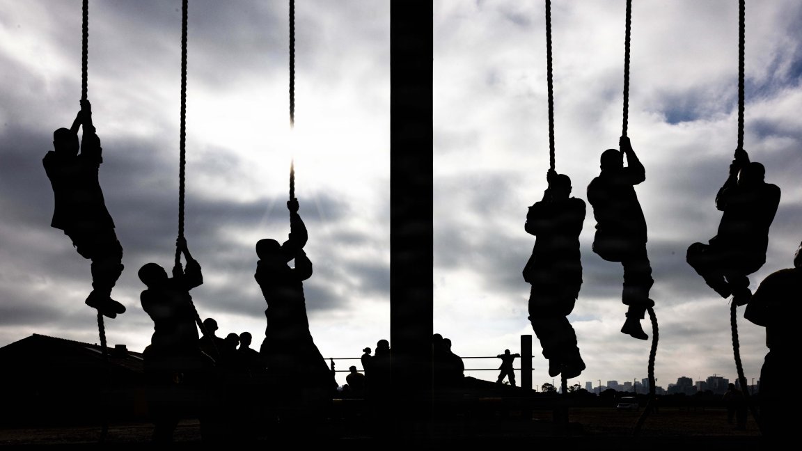 U.S. Marine Corps recruits with Fox Company, 2nd Recruit Training Battalion traverse an obstacle course training event at Marine Corps Recruit Depot San Diego, California, April 10, 2026. The O-Course is a series of obstacles designed to build recruits’ strength, agility, endurance and confidence. (U.S. Marine Corps photo by Lance Cpl. Adrian Guerrero Martinez)