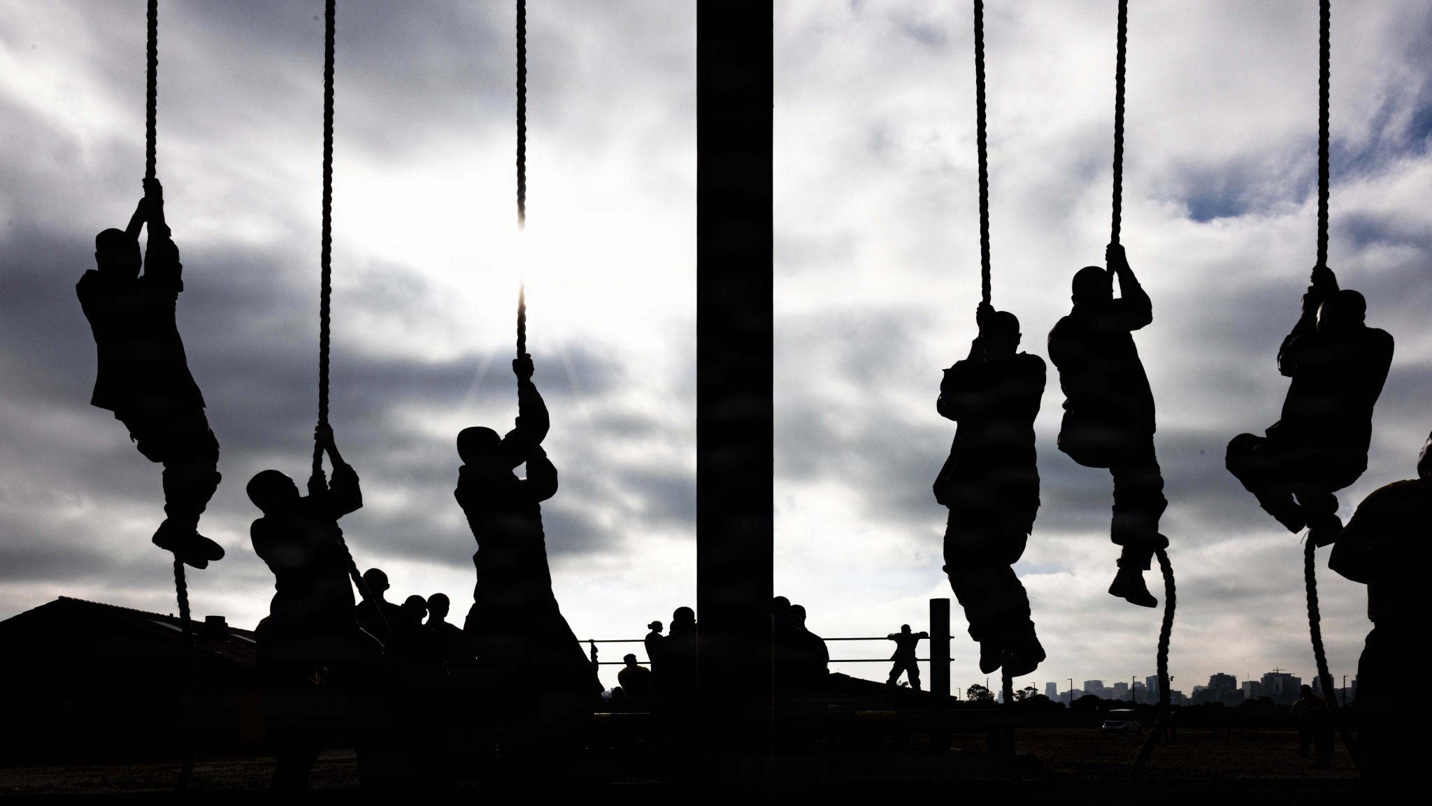 U.S. Marine Corps recruits with Fox Company, 2nd Recruit Training Battalion traverse an obstacle course training event at Marine Corps Recruit Depot San Diego, California, April 10, 2026. The O-Course is a series of obstacles designed to build recruits’ strength, agility, endurance and confidence. (U.S. Marine Corps photo by Lance Cpl. Adrian Guerrero Martinez)