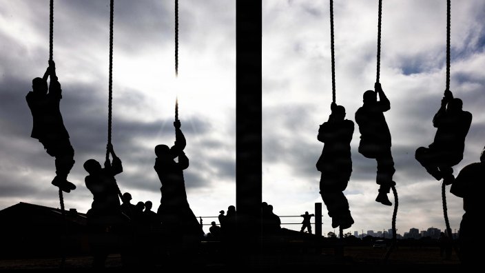 U.S. Marine Corps recruits with Fox Company, 2nd Recruit Training Battalion traverse an obstacle course training event at Marine Corps Recruit Depot San Diego, California, April 10, 2026. The O-Course is a series of obstacles designed to build recruits’ strength, agility, endurance and confidence. (U.S. Marine Corps photo by Lance Cpl. Adrian Guerrero Martinez)