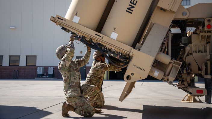 U.S. Army soldiers assigned to Bravo Battery, 2nd Air Defense Artillery Regiment, 11th Air Defense Artillery Brigade, 32nd Army Air and Missile Defense Command demonstrate how they prepare the Terminal High Altitude Area Defense missile defense system for use during the FORSCOM commanding general's visit to Fort Bliss, Texas, Sept. 20, 2023. The THAAD is designed to shoot down short, medium, and intermediate-range ballistic missiles in their terminal phase. (U.S. Army photo by Spc. David Poleski)