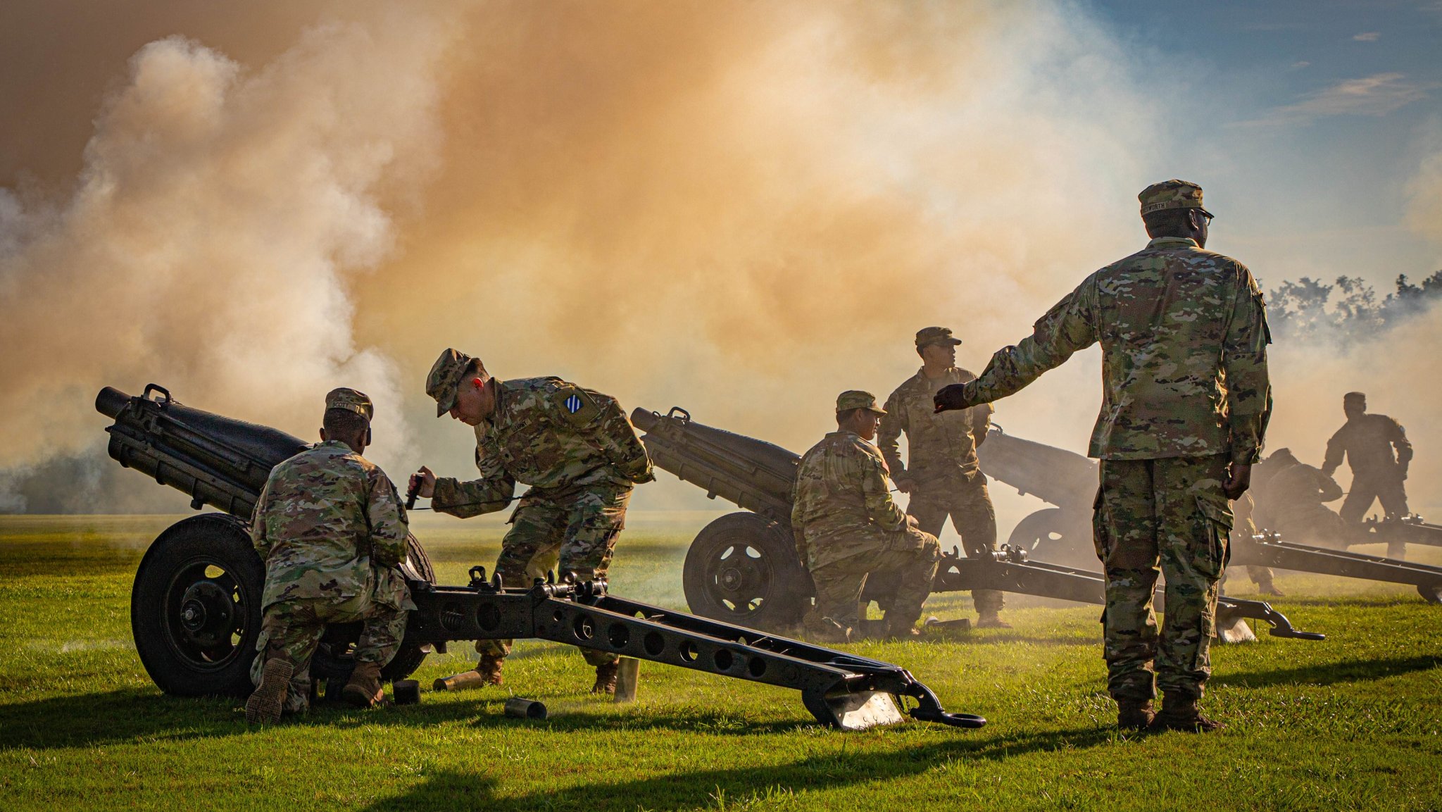 Soldiers assigned to 1st Battalion, 41st Field Artillery Regiment, 1st Armored Brigade Combat Team, 3rd Infantry Division, fire cannons during a relinquishment of responsibility ceremony at Fort Stewart, Georgia, July 18, 2025. The ceremony stems from traditions practiced since the birth of the United States Army. (U.S. Army photo by Spc. Dustin Stark)