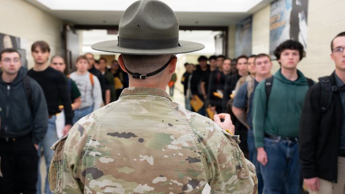 Sgt. 1st Class Marcelina Hansen, 43rd Adjutant General Battalion (Reception) senior drill sergeant, gives instructions to Soldiers in training Feb. 24 at Fort Leonard Wood’s Grant Hall.