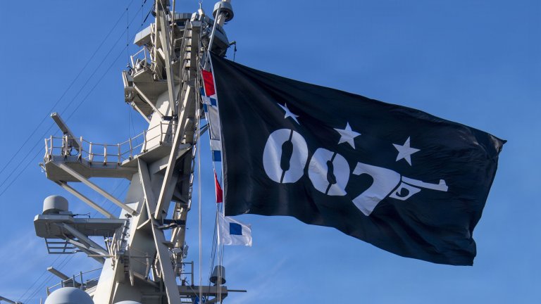 A James Bond-style 007 logo flies on the USS Stockdale's battle flag.