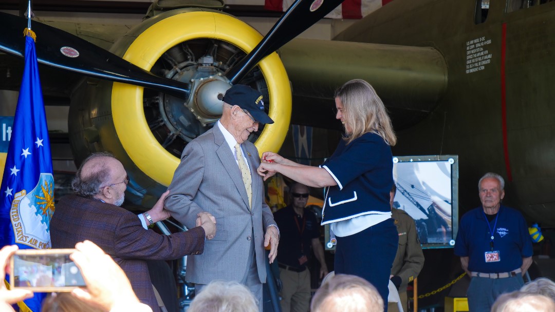Phillip Bruce Cook, a World War II B-17 gunner, receives the French Legion of Honor for his service in World War II.