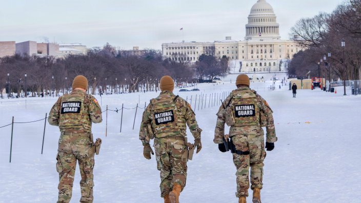 U.S. Army 2nd Lt. Dylan Fraley, Sgt. 1st Class Chris Prince and Staff Sgt. Jaylan Smith, assigned to the Mississippi National Guard, conduct a presence patrol near the National Mall in Washington, D.C., Jan. 27, 2026, in support of the D.C. Safe and Beautiful mission. Amid winter weather conditions, National Guard members maintain a visible presence across key locations throughout the District to support public safety and assist local and federal partners. The D.C. Safe and Beautiful mission includes approximately 2,500 National Guard members working alongside the Metropolitan Police Department to help ensure the safety of residents, commuters and visitors throughout the nation’s capital. (U.S. Air National Guard photo by Master Sgt. William Blankenship)