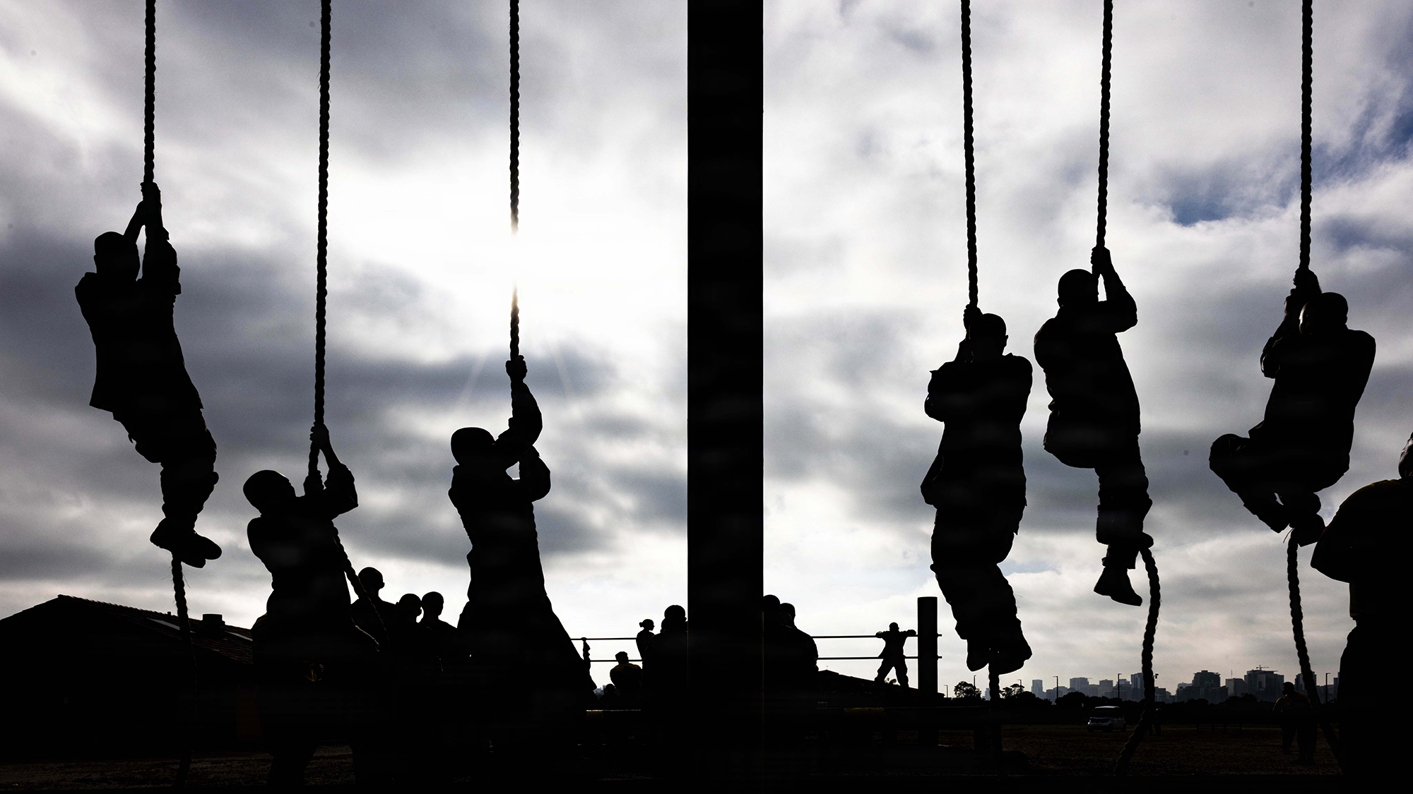 U.S. Marine Corps recruits with Fox Company, 2nd Recruit Training Battalion traverse an obstacle course training event at Marine Corps Recruit Depot San Diego, California, April 10, 2026. The O-Course is a series of obstacles designed to build recruits’ strength, agility, endurance and confidence. (U.S. Marine Corps photo by Lance Cpl. Adrian Guerrero Martinez)
