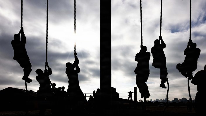 U.S. Marine Corps recruits with Fox Company, 2nd Recruit Training Battalion traverse an obstacle course training event at Marine Corps Recruit Depot San Diego, California, April 10, 2026. The O-Course is a series of obstacles designed to build recruits’ strength, agility, endurance and confidence. (U.S. Marine Corps photo by Lance Cpl. Adrian Guerrero Martinez)