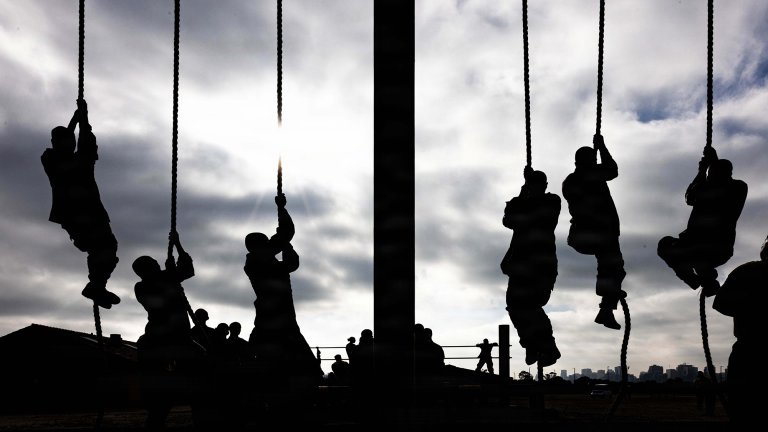 U.S. Marine Corps recruits with Fox Company, 2nd Recruit Training Battalion traverse an obstacle course training event at Marine Corps Recruit Depot San Diego, California, April 10, 2026. The O-Course is a series of obstacles designed to build recruits’ strength, agility, endurance and confidence. (U.S. Marine Corps photo by Lance Cpl. Adrian Guerrero Martinez)