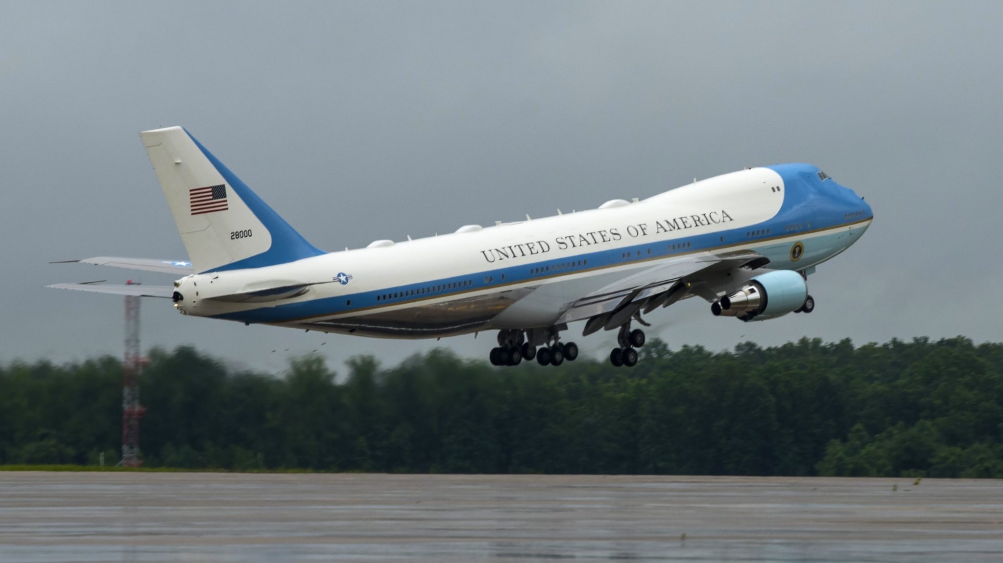 Air Force One, carrying departs from Joint Base Andrews, Maryland with President Donald J. Trump on board, June 20, 2020. When the president is aboard any Air Force aircraft, the radio call sign is "Air Force One." (U.S. Air Force photo by Tech. Sgt. Kentavist P. Brackin)
