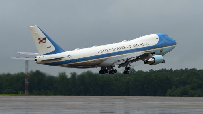 Air Force One, carrying departs from Joint Base Andrews, Maryland with President Donald J. Trump on board, June 20, 2020. When the president is aboard any Air Force aircraft, the radio call sign is "Air Force One." (U.S. Air Force photo by Tech. Sgt. Kentavist P. Brackin)