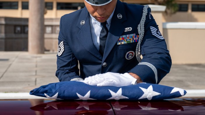 The Patrick Space Force Base SLD 45 Base Honor Guard performs a demonstration of Military Funeral Honors Ceremony at Patrick Space Force Base on May 29, 2025. The Base Honor Guard is manned by volunteer Airmen and Guardians who perform this additional duty to honor the culture and history of the Air and Space Force and are often called upon for ceremonial demonstrations at retirement ceremonies, promotion ceremonies, military and veteran funerals, and other events and ceremonies where Air Force heritage and honor are paramount. (U.S. Space Force photo by DeAnna Murano)