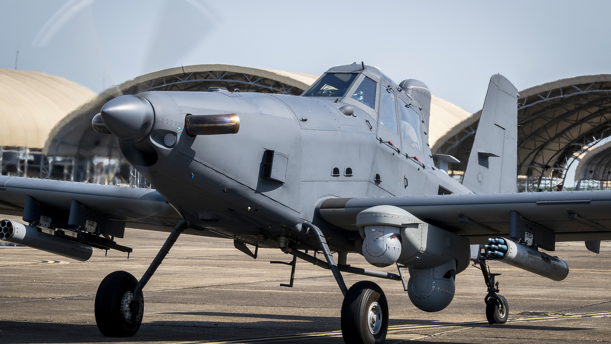 An OA-1K Skyraider II prepares for take-off June 25, 2025, at Eglin Air Force Base, Florida. The new Air Force Special Operations Command aircraft continues developmental testing with 96th Test Wing and U.S. Special Operations Command at Eglin. (U.S. Air Force photo by Samuel King Jr.)
