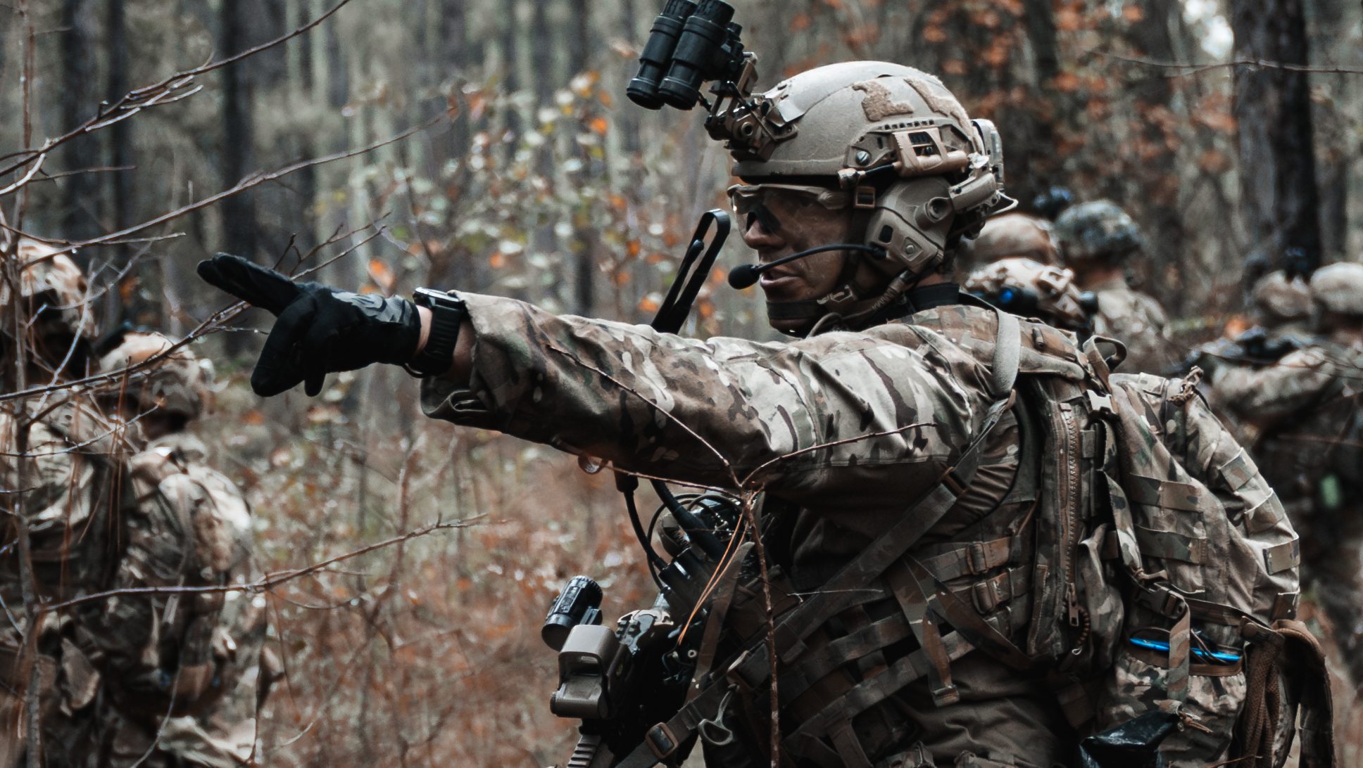 A U.S. Army Green Beret assigned to 3rd Special Forces Group (Airborne) leads Soldiers to an objective during an ambush drill as part of a validation exercise on Fort Bragg, North Carolina, Oct. 29, 2025. A VALEX validates the company's operational proficiency through integrated training with partner forces, bolstering interoperability and readiness to ensure effective combined operations in support of national security objectives. (U.S. Army photo by Pfc. Edgar Martinez)