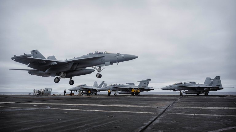 PACIFIC OCEAN (Jan. 22, 2026) – A U.S. Navy E/A-18G Growler, assigned to Electronic Attack Squadron (VAQ) 129, lands on the flight deck of Nimitz-class aircraft carrier USS Theodore Roosevelt (CVN 71), Jan 22, 2025. Theodore Roosevelt, flagship of Carrier Strike Group (CSG) 9, is underway conducting exercises to bolster strike group readiness and capability in the U.S. 3rd Fleet area of operations. (U.S. Navy photo by Mass Communication Specialist Seaman Apprentice Cesar Nungaray)